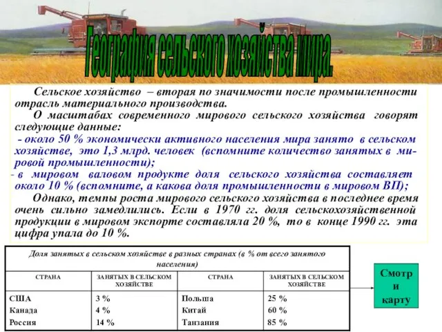 География сельского хозяйства мира. Сельское хозяйство – вторая по значимости после промышленности