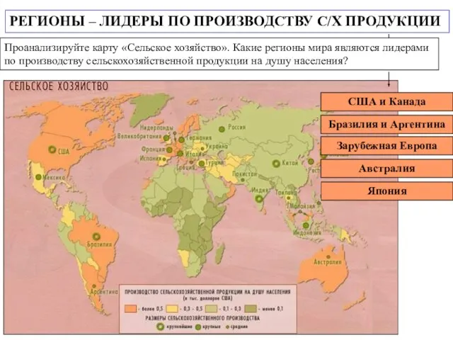 РЕГИОНЫ – ЛИДЕРЫ ПО ПРОИЗВОДСТВУ С/Х ПРОДУКЦИИ Проанализируйте карту «Сельское хозяйство». Какие