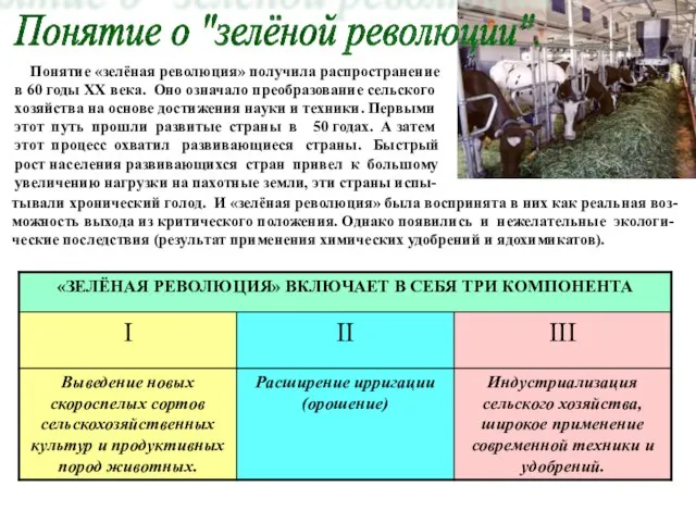 Понятие о "зелёной революции". Понятие «зелёная революция» получила распространение в 60 годы