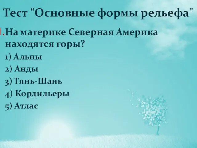 Тест "Основные формы рельефа" На материке Северная Америка находятся горы? 1) Альпы