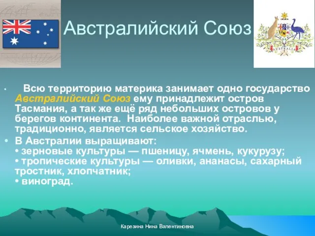 Карезина Нина Валентиновна Австралийский Союз Всю территорию материка занимает одно государство Австралийский