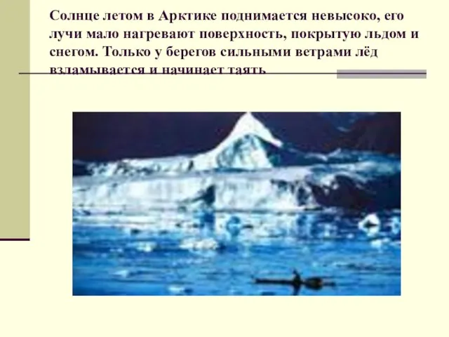 Солнце летом в Арктике поднимается невысоко, его лучи мало нагревают поверхность, покрытую