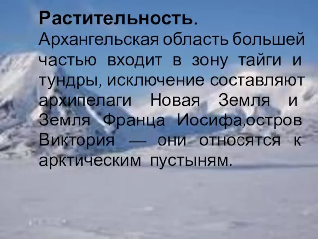 Растительность. Архангельская область большей частью входит в зону тайги и тундры, исключение