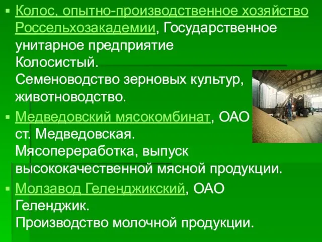 Колос, опытно-производственное хозяйство Россельхозакадемии, Государственное унитарное предприятие Колосистый. Семеноводство зерновых культур, животноводство.