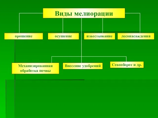 Виды мелиорации орошение осушение известкование лесонасаждения Механизированная обработка почвы Внесение удобрений Севооборот и др.