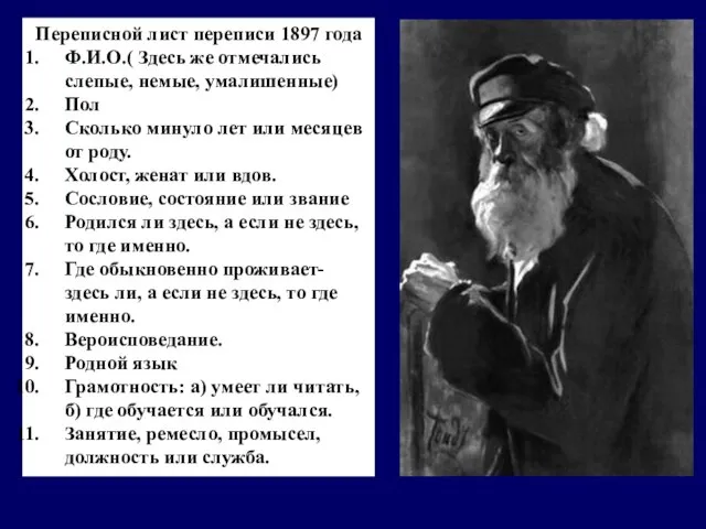 Переписной лист переписи 1897 года Ф.И.О.( Здесь же отмечались слепые, немые, умалишенные)