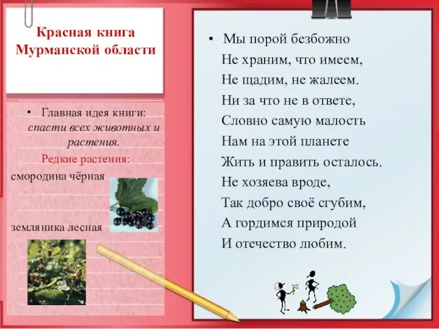 Красная книга Мурманской области Главная идея книги: спасти всех животных и растения.