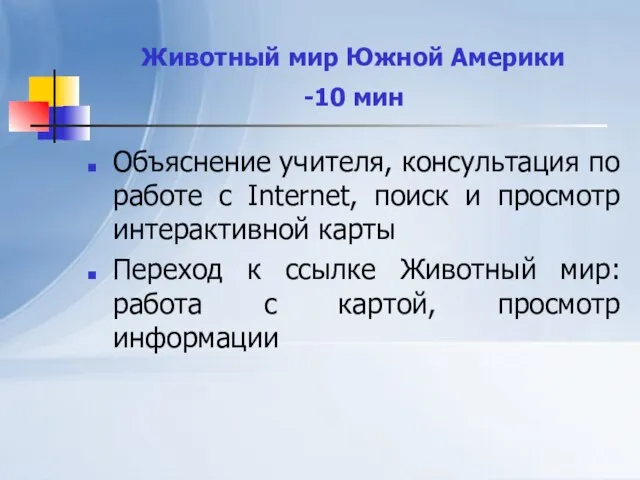 Животный мир Южной Америки -10 мин Объяснение учителя, консультация по работе с