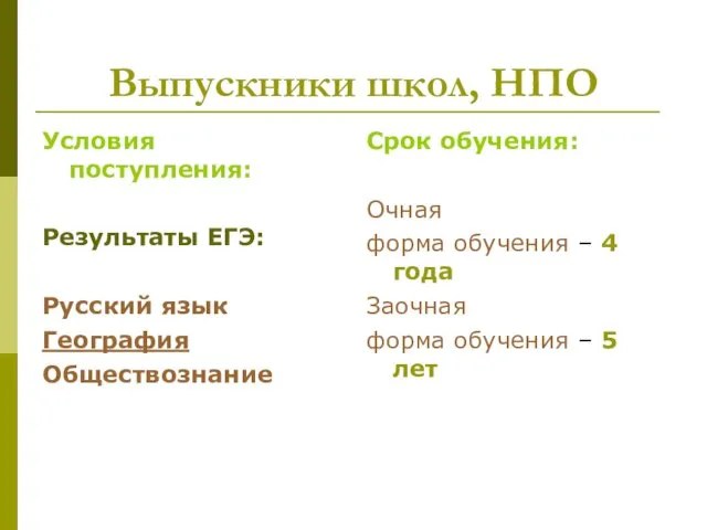 Выпускники школ, НПО Условия поступления: Результаты ЕГЭ: Русский язык География Обществознание Срок