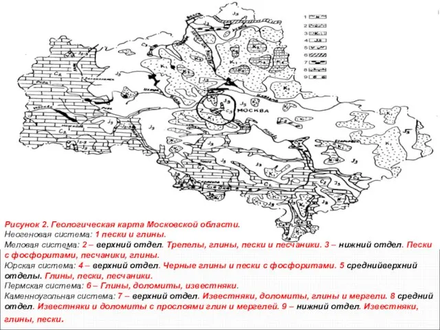 Рисунок 2. Геологическая карта Московской области. Неогеновая система: 1 пески и глины.