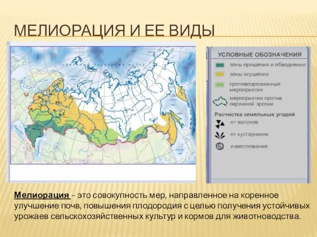 Мелиорация и ее виды Мелиорация – это совокупность мер, направленное на коренное