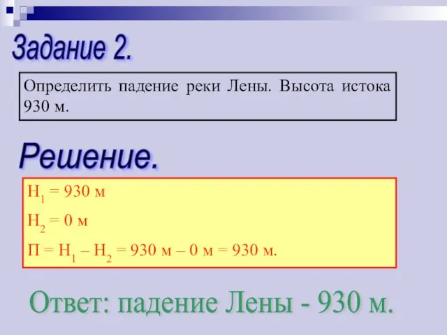 Задание 2. Определить падение реки Лены. Высота истока 930 м. Решение. Н1