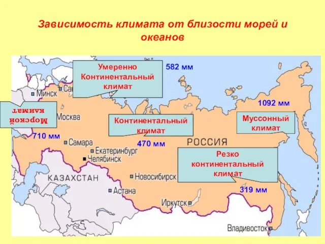 Зависимость климата от близости морей и океанов Морской климат Умеренно Континентальный климат