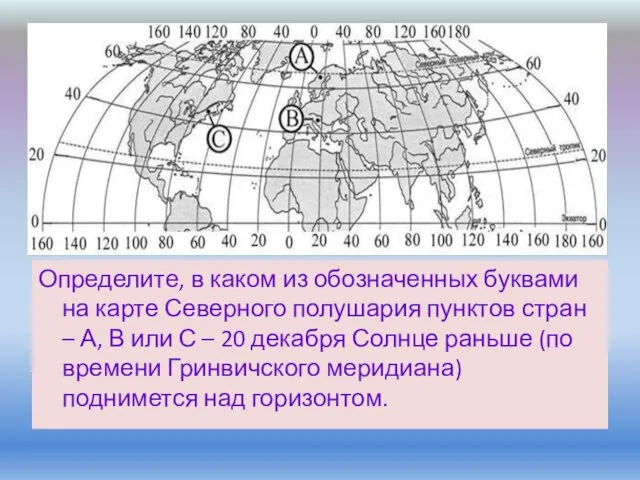 Определите, в каком из обозначенных буквами на карте Северного полушария пунктов стран