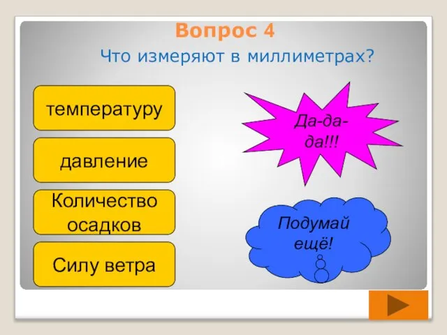 Вопрос 4 Что измеряют в миллиметрах? температуру давление Количество осадков Силу ветра Подумай ещё! Да-да-да!!!