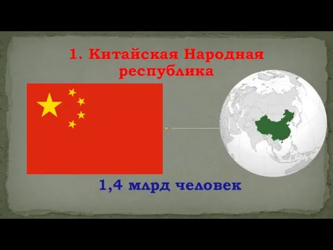 1,4 млрд человек 1. Китайская Народная республика