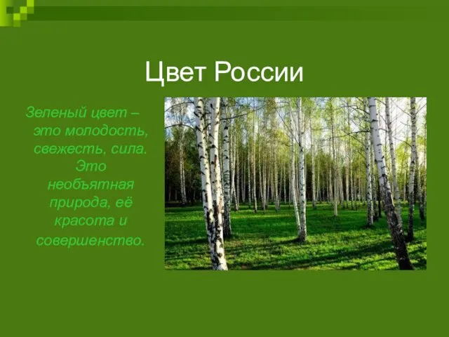 Цвет России Зеленый цвет – это молодость, свежесть, сила. Это необъятная природа, её красота и совершенство.