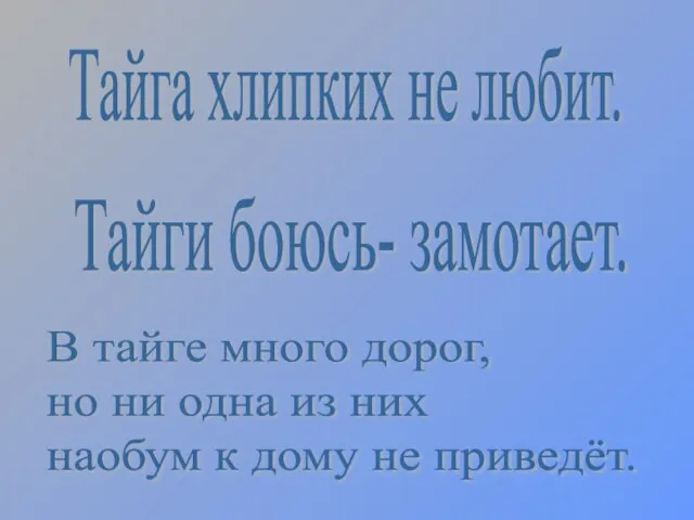 Тайга хлипких не любит. Тайги боюсь- замотает. В тайге много дорог, но