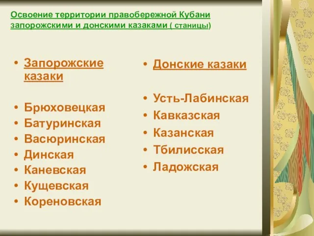 Освоение территории правобережной Кубани запорожскими и донскими казаками ( станицы) Запорожские казаки