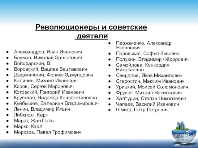 Революционеры и советские деятели Александров, Иван Иванович Бауман, Николай Эрнестович Володарский, В.