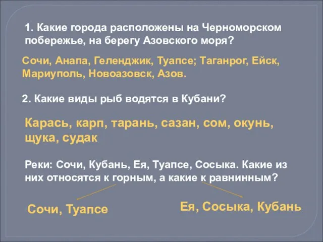 1. Какие города расположены на Черноморском побережье, на берегу Азовского моря? Сочи,