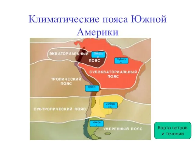 Климатические пояса Южной Америки Субэкват. Умерен. Субтропич. Тропич. Экватор. Карта ветров и течений