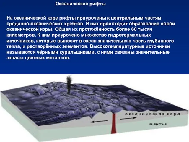 Океанические рифты На океанической коре рифты приурочены к центральным частям срединно-океанических хребтов.