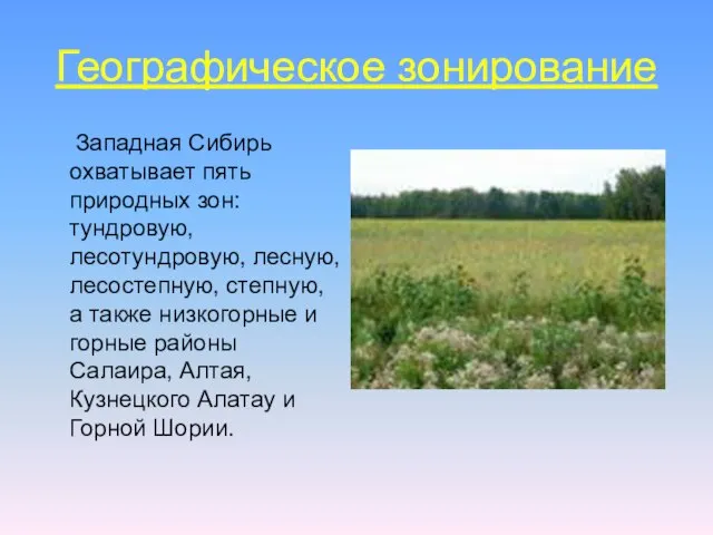 Географическое зонирование Западная Сибирь охватывает пять природных зон: тундровую, лесотундровую, лесную, лесостепную,