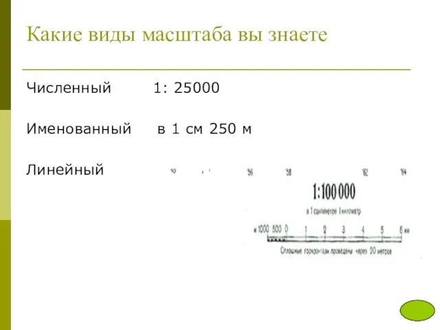 Какие виды масштаба вы знаете Численный 1: 25000 Именованный в 1 см 250 м Линейный