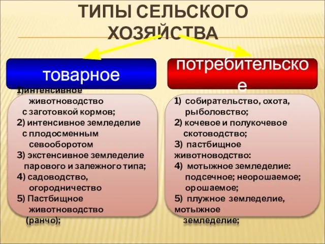 ТИПЫ СЕЛЬСКОГО ХОЗЯЙСТВА товарное потребительское 1)интенсивное животноводство с заготовкой кормов; 2) интенсивное