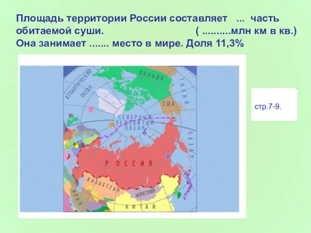 Площадь территории России составляет ... часть обитаемой суши. ( ..........млн км в