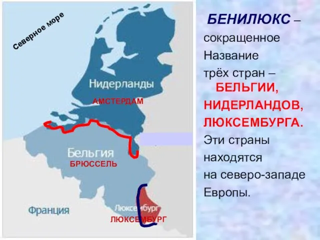 АМСТЕРДАМ БРЮССЕЛЬ ЛЮКСЕМБУРГ БЕНИЛЮКС – сокращенное Название трёх стран – БЕЛЬГИИ, НИДЕРЛАНДОВ,