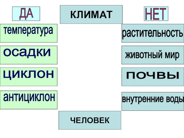 температура осадки циклон антициклон растительность животный мир почвы внутренние воды КЛИМАТ ДА НЕТ ЧЕЛОВЕК