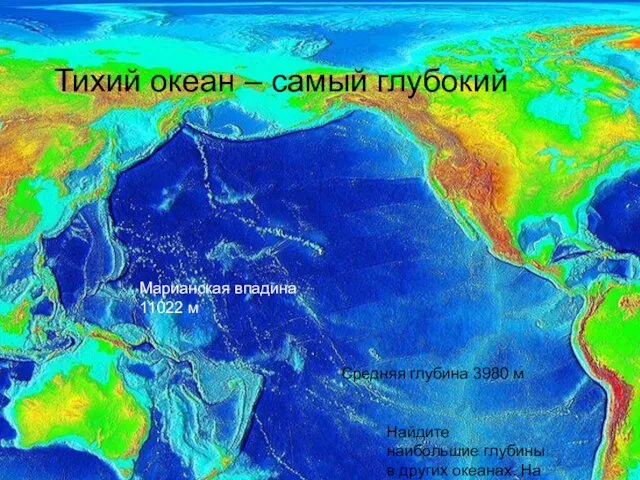 Тихий океан – самый глубокий Марианская впадина 11022 м Средняя глубина 3980