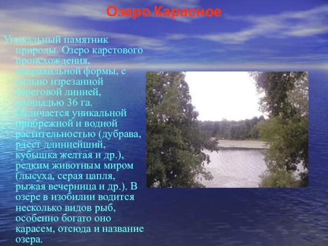 Озеро Карасное Уникальный памятник природы. Озеро карстового происхождения, неправильной формы, с сильно