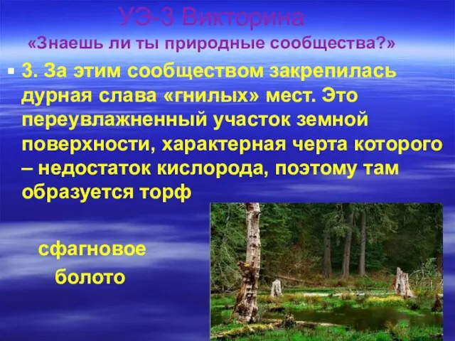 УЭ-3 Викторина «Знаешь ли ты природные сообщества?» 3. За этим сообществом закрепилась