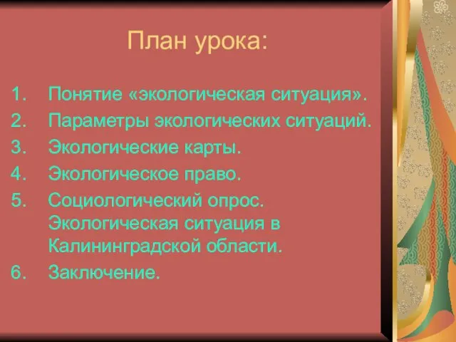 План урока: Понятие «экологическая ситуация». Параметры экологических ситуаций. Экологические карты. Экологическое право.