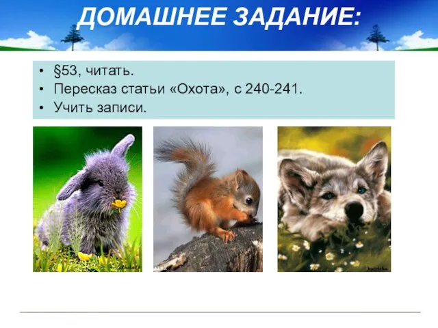 ДОМАШНЕЕ ЗАДАНИЕ: §53, читать. Пересказ статьи «Охота», с 240-241. Учить записи.