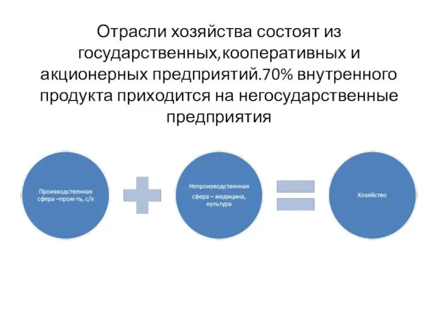 Отрасли хозяйства состоят из государственных,кооперативных и акционерных предприятий.70% внутренного продукта приходится на негосударственные предприятия