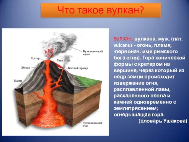 Что такое вулкан? ВУЛКА́Н, вулкана, муж. (лат. vulcanus - огонь, пламя, ·первонач.