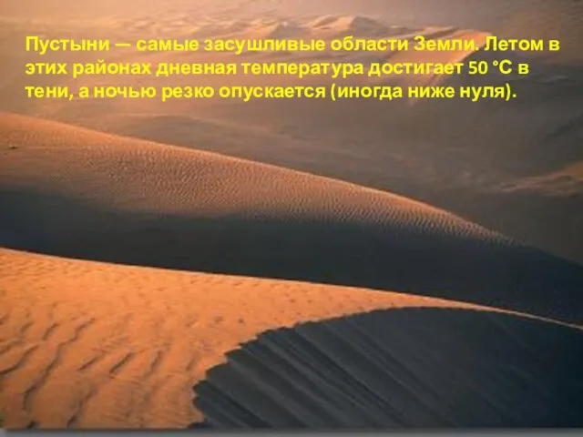 Пустыни — самые засушливые области Земли. Летом в этих районах дневная температура