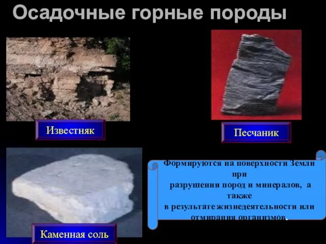 Известняк Каменная соль Песчаник Формируются на поверхности Земли при разрушении пород и