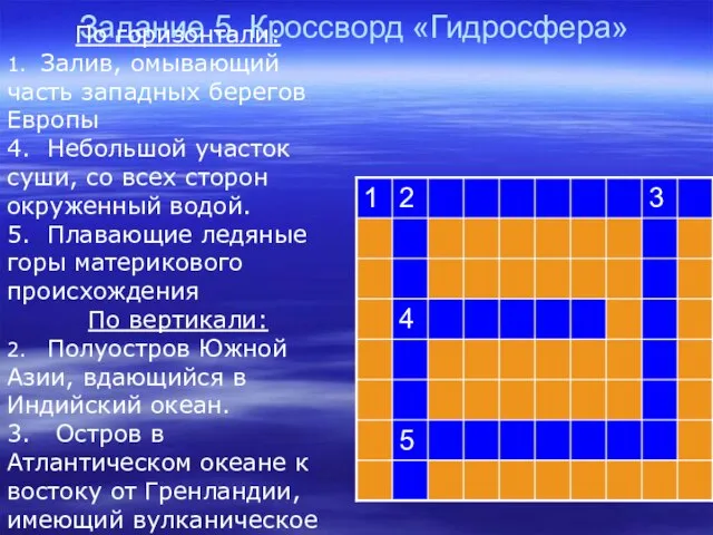 Задание 5. Кроссворд «Гидросфера» По горизонтали: 1. Залив, омывающий часть западных берегов