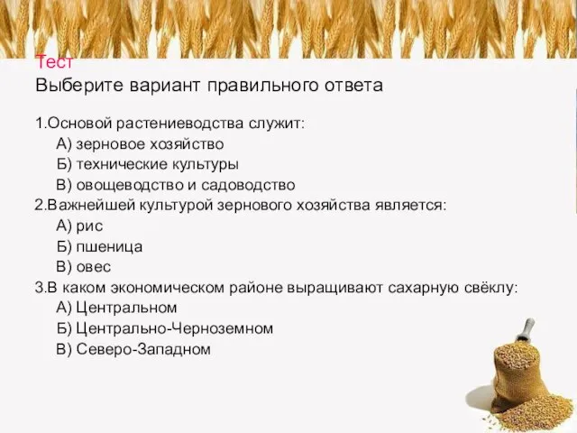 Тест Выберите вариант правильного ответа 1.Основой растениеводства служит: А) зерновое хозяйство Б)