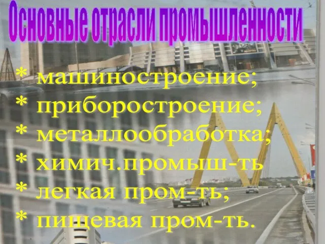 Основные отрасли промышленности * машиностроение; * приборостроение; * металлообработка; * химич.промыш-ть *