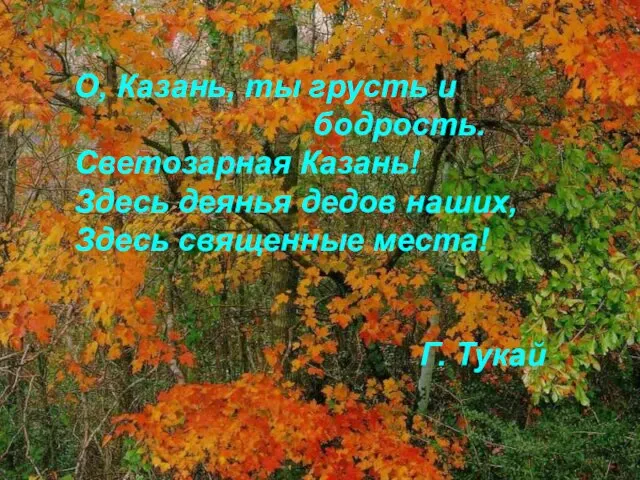 О, Казань, ты грусть и бодрость. Светозарная Казань! Здесь деянья дедов наших,