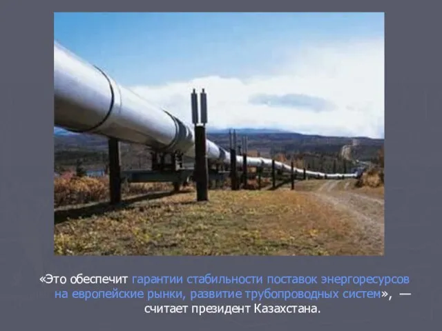 «Это обеспечит гарантии стабильности поставок энергоресурсов на европейские рынки, развитие трубопроводных систем», — считает президент Казахстана.