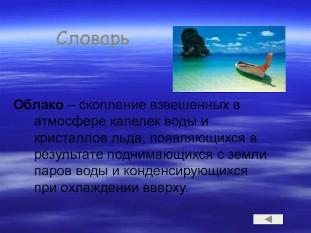 Словарь Облако – скопление взвешенных в атмосфере капелек воды и кристаллов льда,