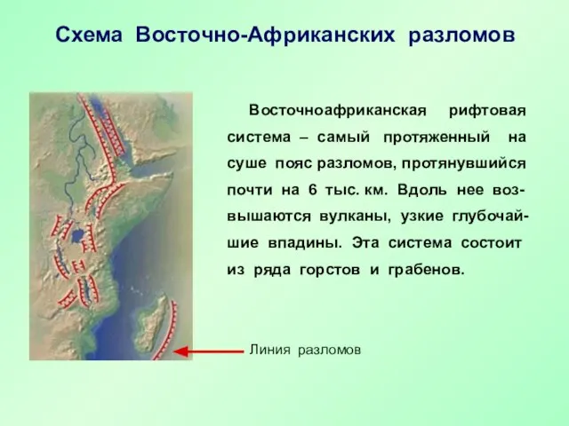 Схема Восточно-Африканских разломов Восточноафриканская рифтовая система – самый протяженный на суше пояс