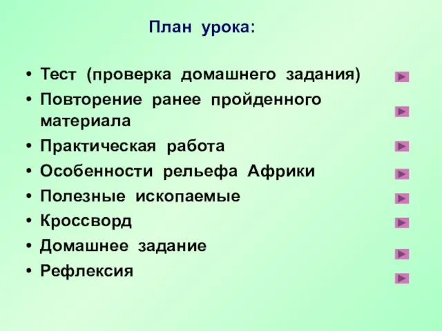 План урока: Тест (проверка домашнего задания) Повторение ранее пройденного материала Практическая работа